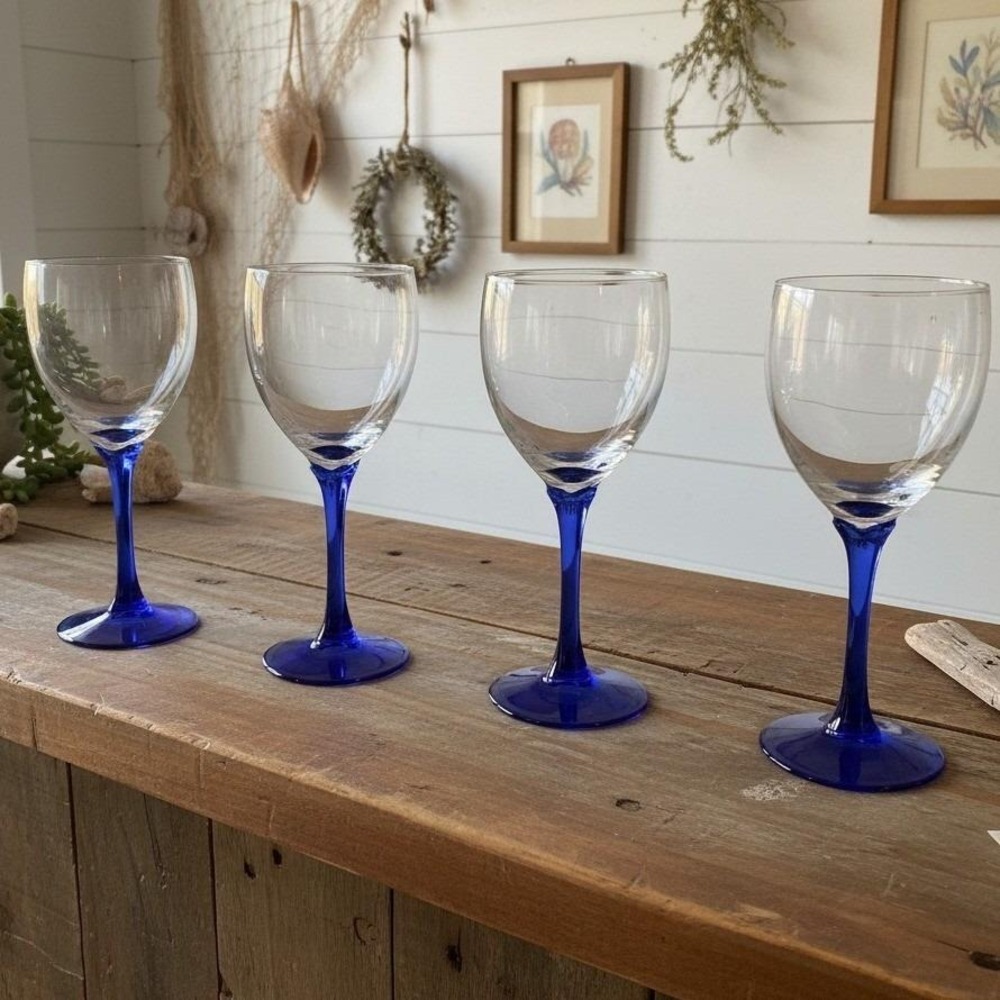 Libbey Domaine Cobalt Blue Water Glasses, Set of 4, Vintage Flower Stemware